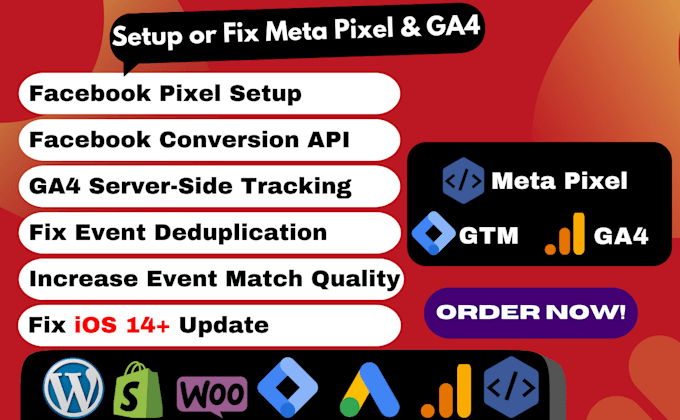 Gig Preview - Fix or setup meta pixel facebook conversion api ga4 server side tracking via gtm