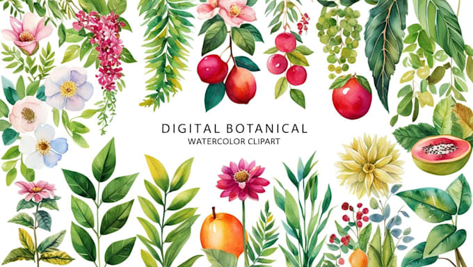 Gig Preview - Create digital botanical watercolor clipart of flowers, leaves, fruits, plants