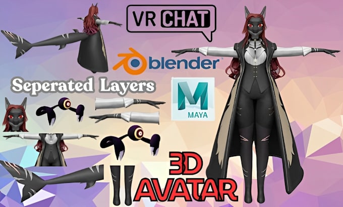 Gig Preview - Do custom 3d furry avatar for vrchat or vtuber fursona games for pc and quest