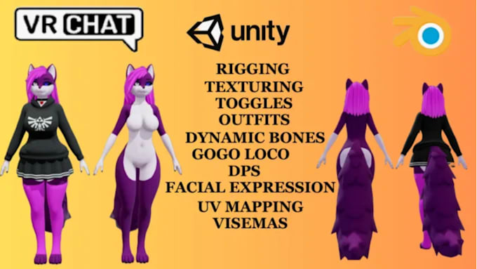 Gig Preview - Create 3d vrchat avatar, vr character, vrc, furry avatar add outfit, nsfw, unity