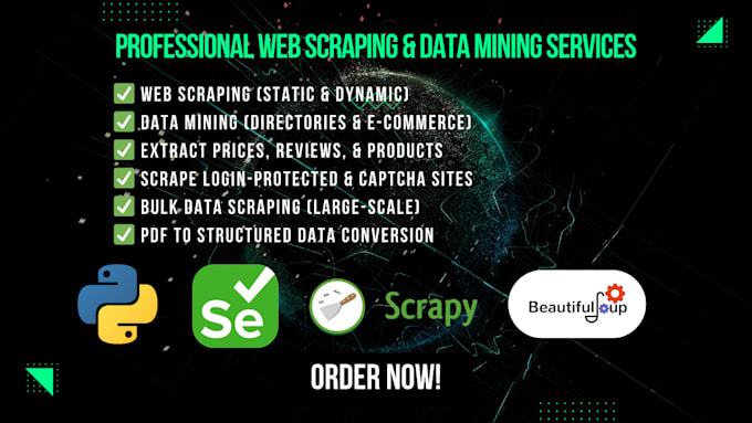 Gig Preview - Do python web scraping, with scrapy, selenium, bs4, puppeteer, octoparse, apify