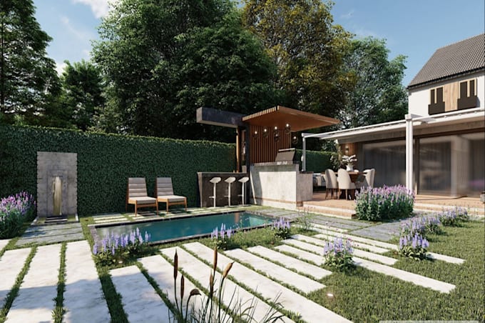 Gig Preview - Do 3d backyard landscape design with pool, garden, patio pergola deck