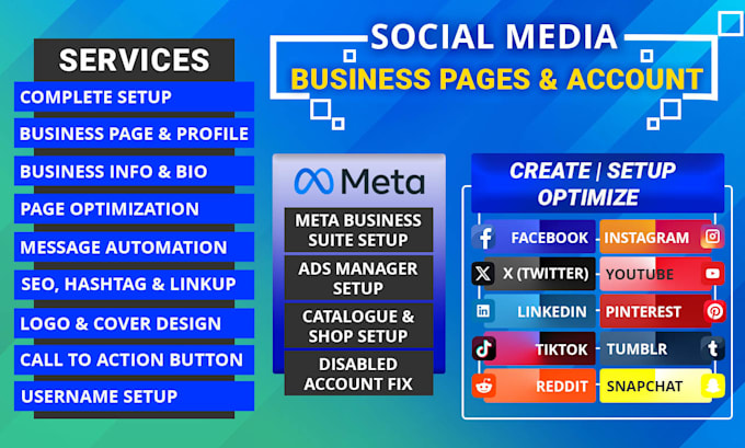 Gig Preview - Create, setup, optimize all social media accounts, setup meta business suite