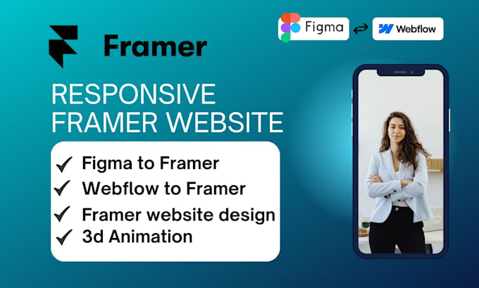 Gig Preview - Responsive framer website design, figma to framer webflow to framer 3d animation