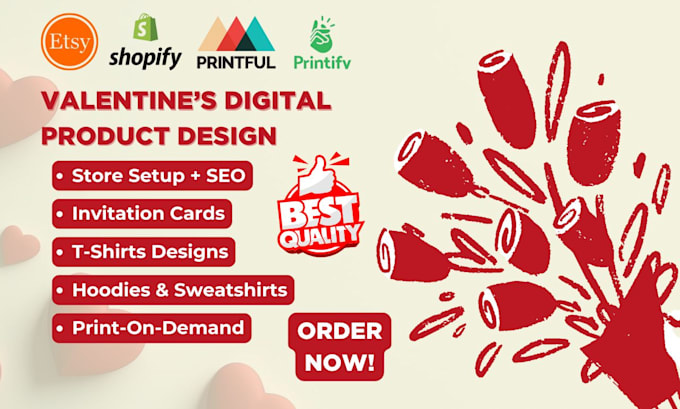 Gig Preview - Create etsy valentine digital product invitation card sales pod printify shopify