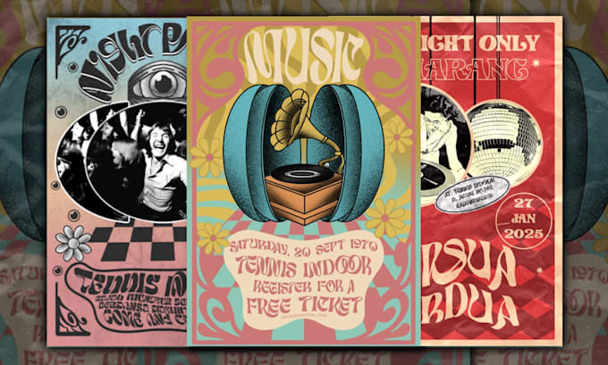 Gig Preview - Create psychedelic vintage poster 60s 70s for music concert