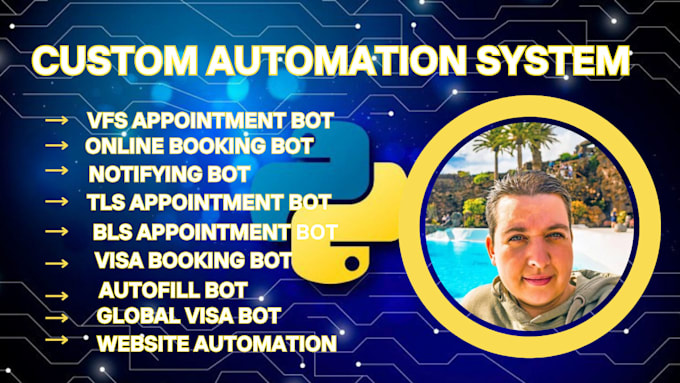 Gig Preview - Code vfs appointment bot, captcha bot, online booking bot, visa bot, tls bot