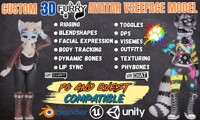 Bestseller - create custom furry avatar, fursona, vseeface model, 3d vtuber rig, vroid model