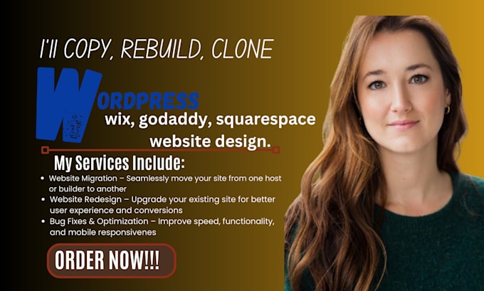 Gig Preview - Copy rebuild move clone wordpress, wix, godaddy, squarespace website design