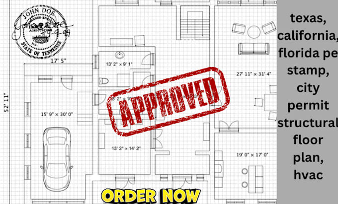 Gig Preview - Do texas, california, florida pe stamp, city permit structural floor plan, hvac