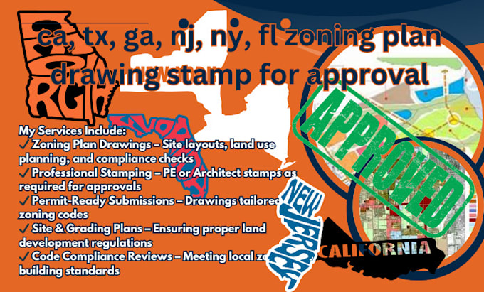 Gig Preview - Do zoning plan drawings and stamps for approval in ca, tx, ga, nj, ny, fl