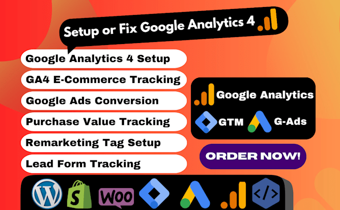 Gig Preview - Fix or setup google analytics 4, ga4 ecommerce, ads conversion tracking with GTM