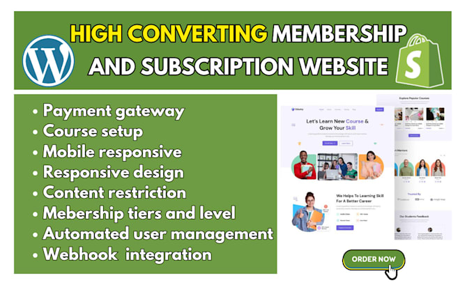 Gig Preview - Build shopify wordpress wix suarespace membership, subscription, lms website