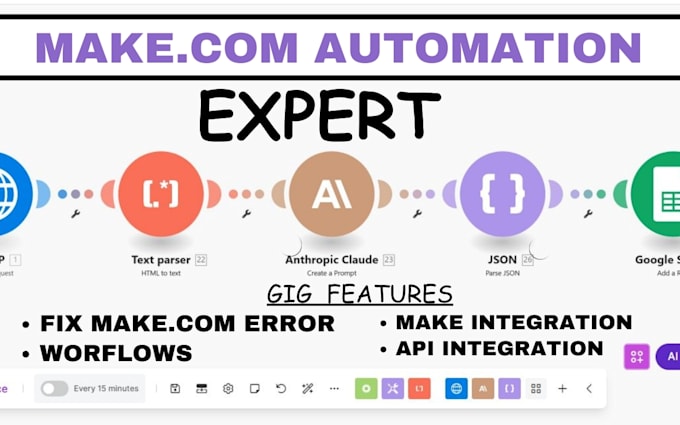 Gig Preview - Do fix make com automation made com zapier API integration scenario google sheet