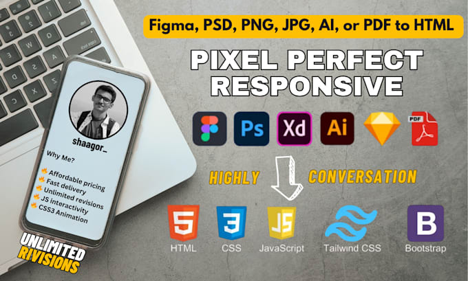 Gig Preview - Convert figma, pdf, png, jpg, ai, psd to HTML, CSS, javascript