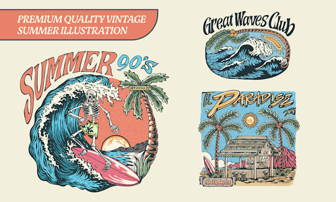 Gig Preview - Do hand drawn vintage summer illustration for your tshirt