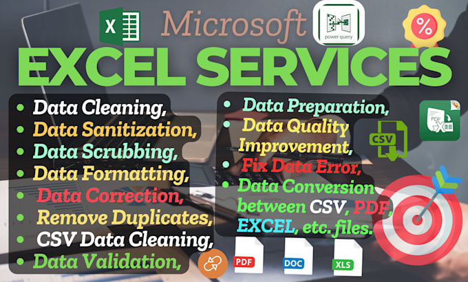 Gig Preview - Provide professional microsoft excel 1data cleaning 2entry 3conversion services