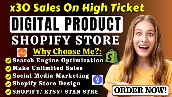 Gig Preview - Setup 7 figure shopify digital product store stan store etsy shop, online course