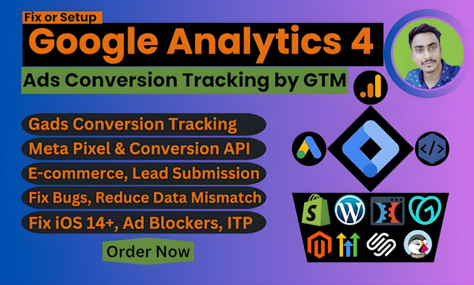 Gig Preview - Setup google analytics 4, ga4 ecommerce tracking, ads conversion tracking by GTM