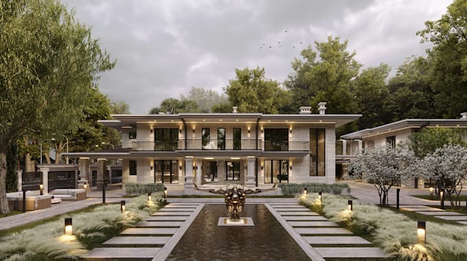 Gig Preview - Renovate 3d luxury villa, render cgi facade exterior,realistic courtyard design