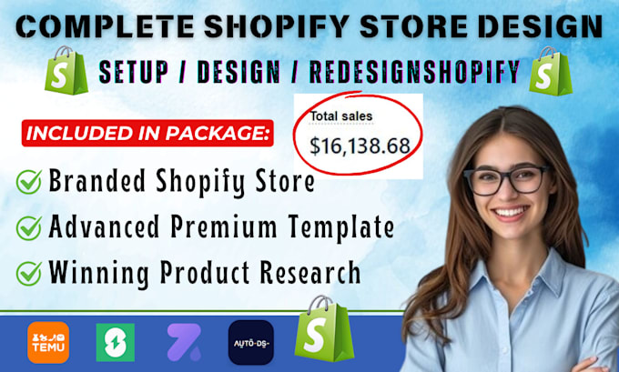 Gig Preview - Setup shopify dropshipping store, design or redesign shopify website development