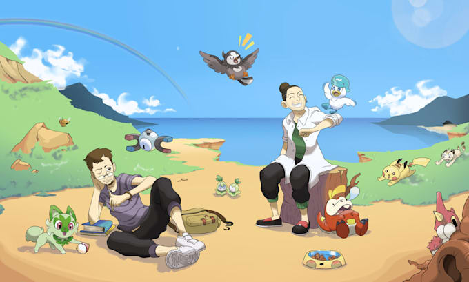 Gig Preview - Draw you in anime style pokemon trainer with your favourite pokemon team