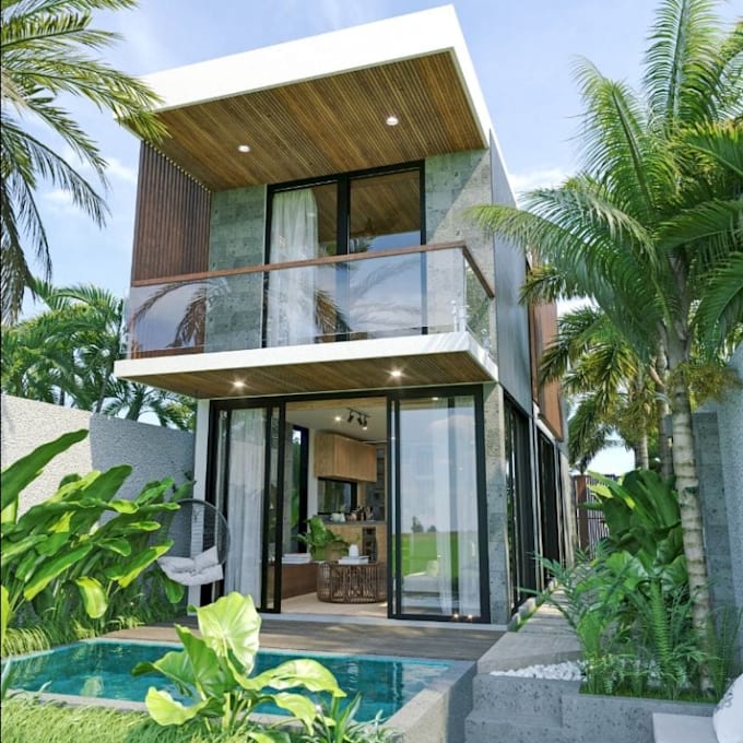 Gig Preview - Craft 3d tiny villa, modern tropical architecture design, pool, bathroom render