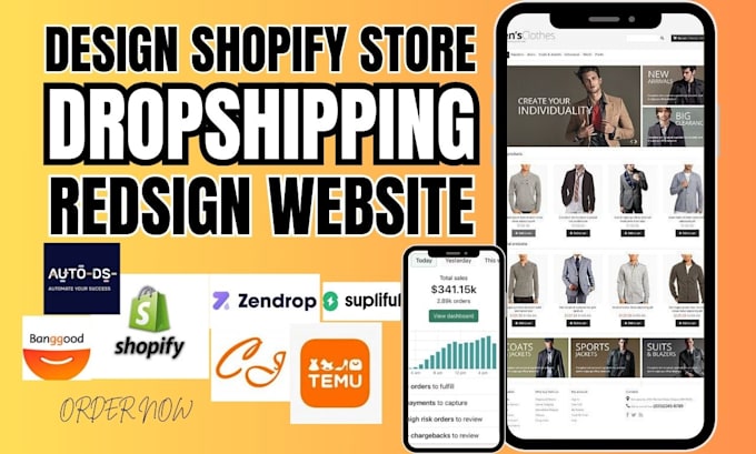 Gig Preview - Design redesign create shopify dropshipping store shopify website autods zendrop