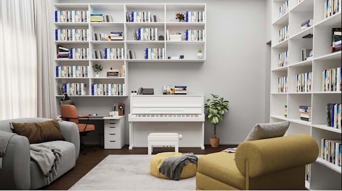 Gig Preview - Render family library, livingroom interior, piano, bookshelf, wall floor design