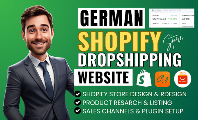 Gig Preview - Build german shopify store, shopify website design or shopify dropshipping store