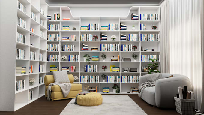 Gig Preview - Decorate your home library, home decor, ikea furniture, architectural rendering