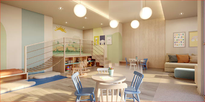 Gig Preview - Redesign 3d stunning interior,kid playroom,nursing room,furniture set,cgi render