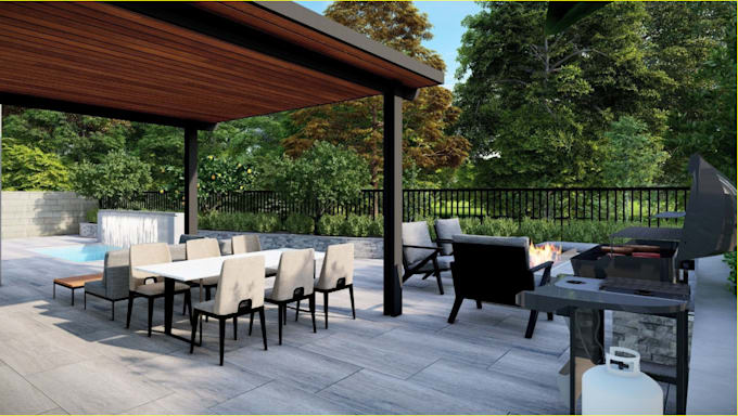 Bestseller - outdoor residential render, pergola space,BBQ area,firepit,pool design,3d lumion