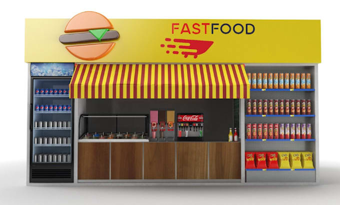 Gig Preview - Render 3d realistic fast food truck, 3d fast food kiosk, 3d coffee spot