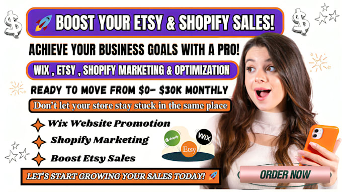 Gig Preview - Boost wix etsy website sales, wix etsy website promotion ads shopify store sales