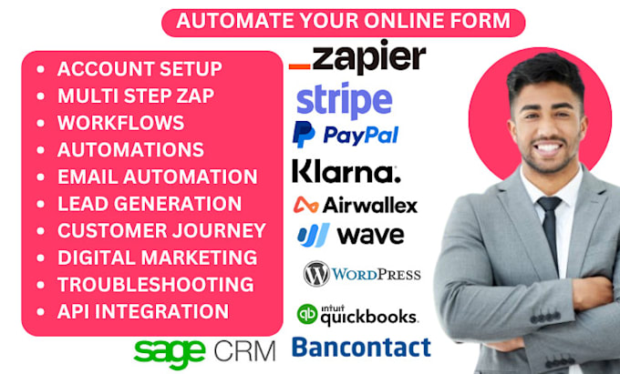 Gig Preview - Zapier wave sage stripe paypal bancontact klarna wordpress airwallex quickbooks