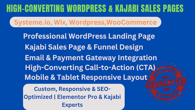 Gig Preview - Design responsive wordpress landing page website elementor pro kajabi sales page