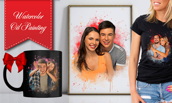 Gig Preview - Custom valentine day couple portrait digital watercolor oil painting style