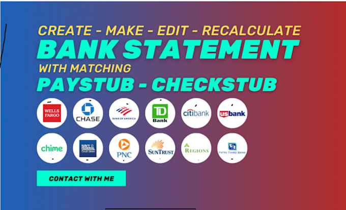 Gig Preview - Editable bank statement and bank statement match with check stub very fast