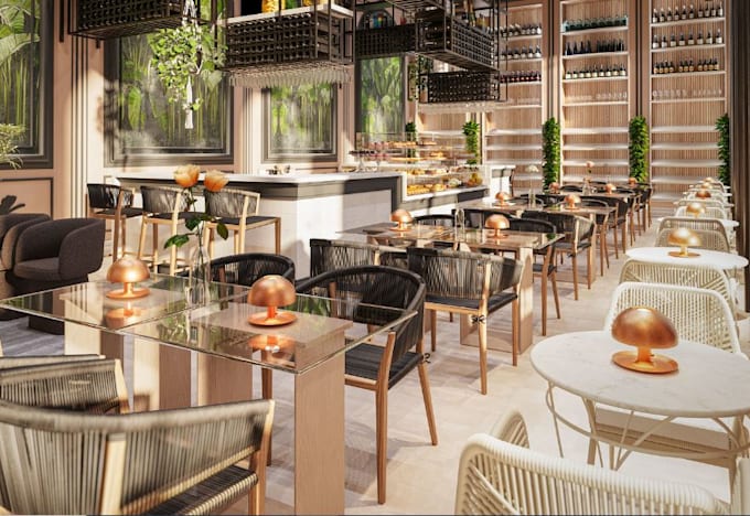 Gig Preview - Custom 3d restaurant interior, coffee,retails luxury furniture,day, night render