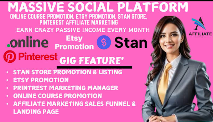 Gig Preview - Online course promotion etsy promotion, stan store pinterest affiliate marketing