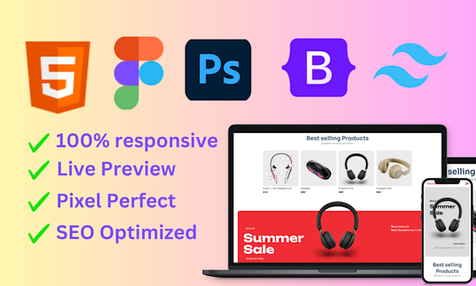 Gig Preview - Develop psd to html, figma to html responsive bootstrap 5