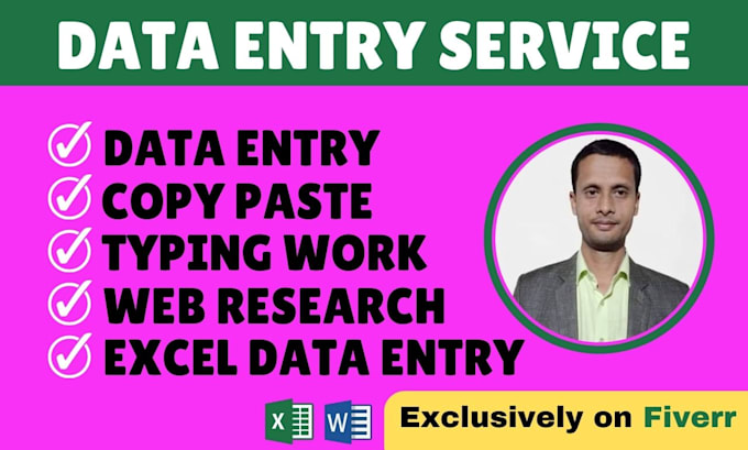 Gig Preview - Do data entry, excel, copy paste, web research, typing work