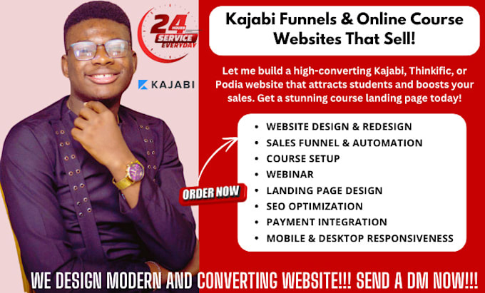 Gig Preview - Kajabi website design, kajabi funnel, thinkific podia online course landing page