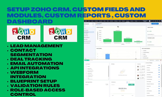 Gig Preview - Setup zoho CRM, custom fields and modules, custom reports , custom dashboard