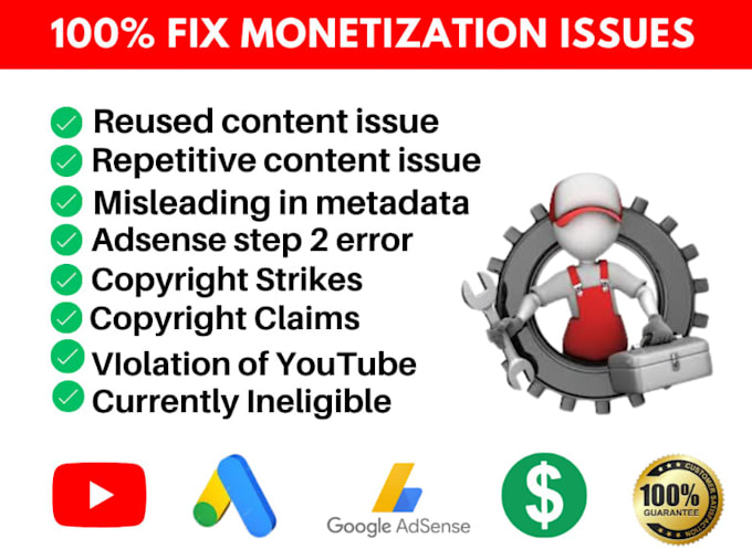 Gig Preview - Fix and solve youtube monetization issue fast, resused content, adsense problems