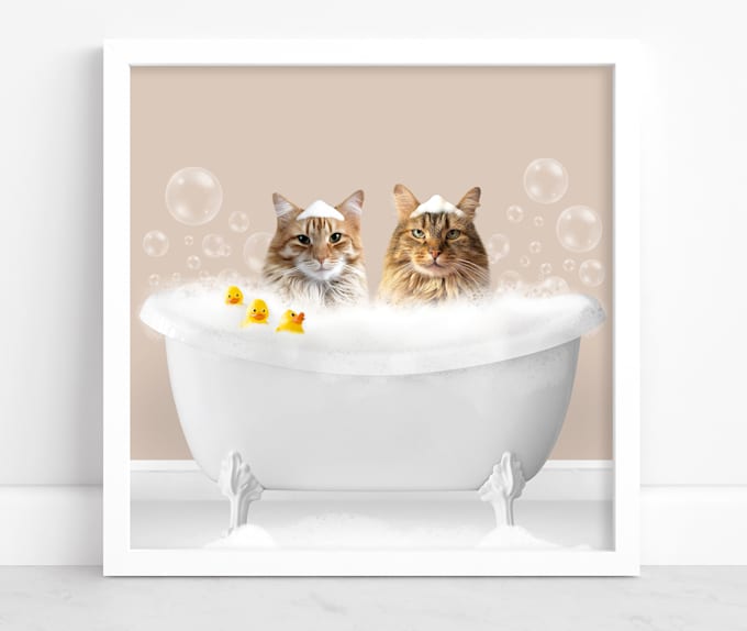 Gig Preview - Create personalized pet portraits custom two pets in bathtub