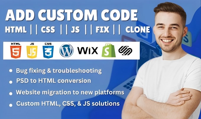 Gig Preview - Add custom html, css and js code, fix clone wix wordpress, shopify, squarespace