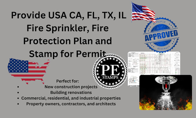 Bestseller - do usa cl, fl, tx, il fire sprinkler, fire protection plan and stamp