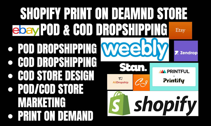 Gig Preview - Design build pod cod dropshipping website via printify shopify etsy ebay store